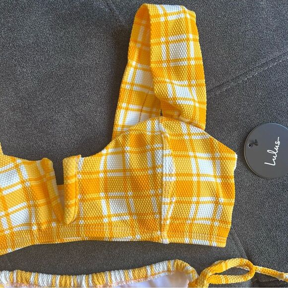 Lulus Marigold Yellow & White Plaid Textured Bikini Set - Picture 8 of 12